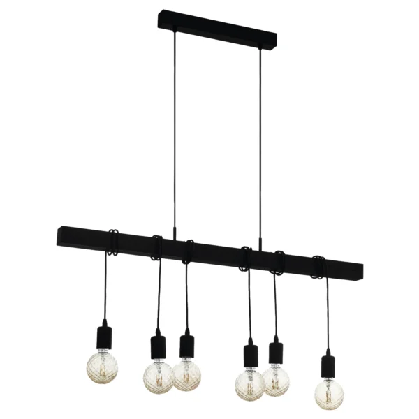 Hängeleuchte EGLO "Townshend Black", 6-flammig, E27, Stahl, Holz, schwarz