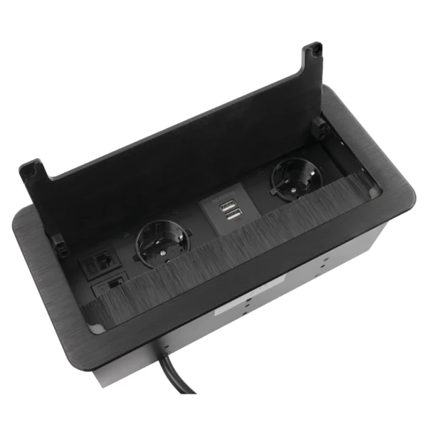 Tisch-Einbausteckdose, 2-fach, 2x USB, 2xRJ45, schwarz, mit Staubschutz, 3600W